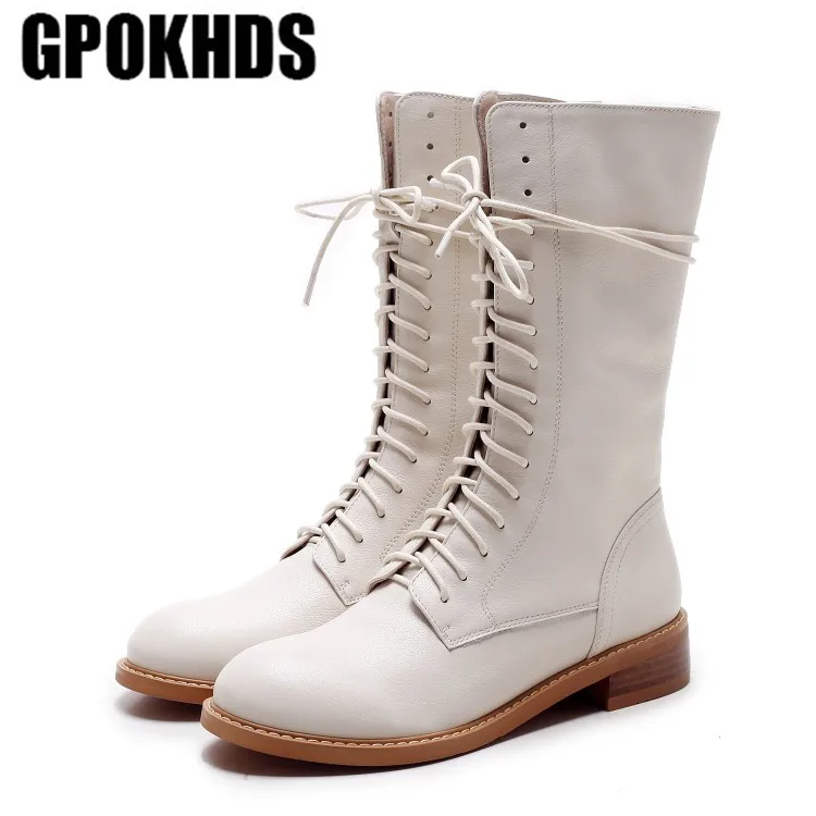 GPOKHDS/ г. Женские ботинки до середины икры мягкие зимние байкерские ботинки на низком каблуке с плюшевой подкладкой, на шнуровке, черного цвета, с круглым носком