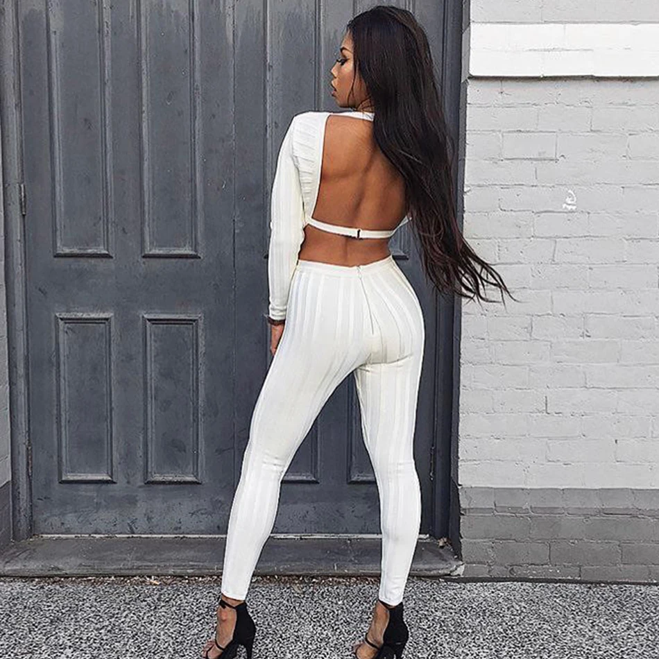 Seamyla New Fashion Women Jumpsuit 2019 Long Sleeve White V Neck Backless Clubwear Sexy Bodycon Bandage Playsuit Jumpsuits | Женская