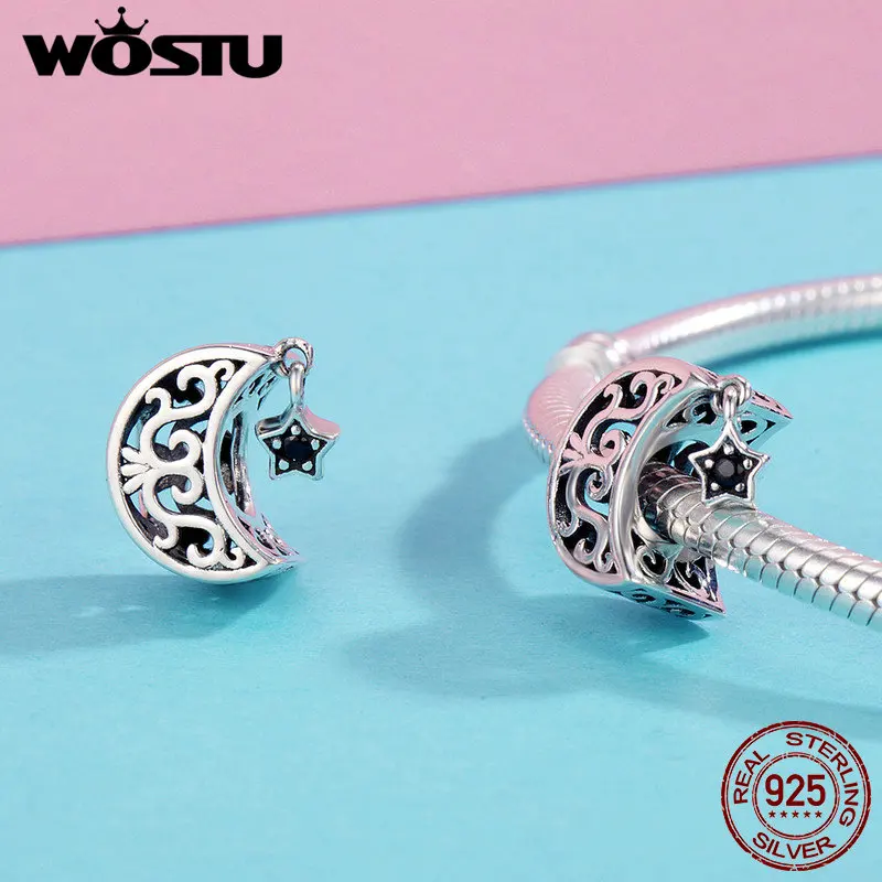 Браслет WOSTU CQC483 из стерлингового серебра 925 пробы с ажурной Луной и звездочкой |
