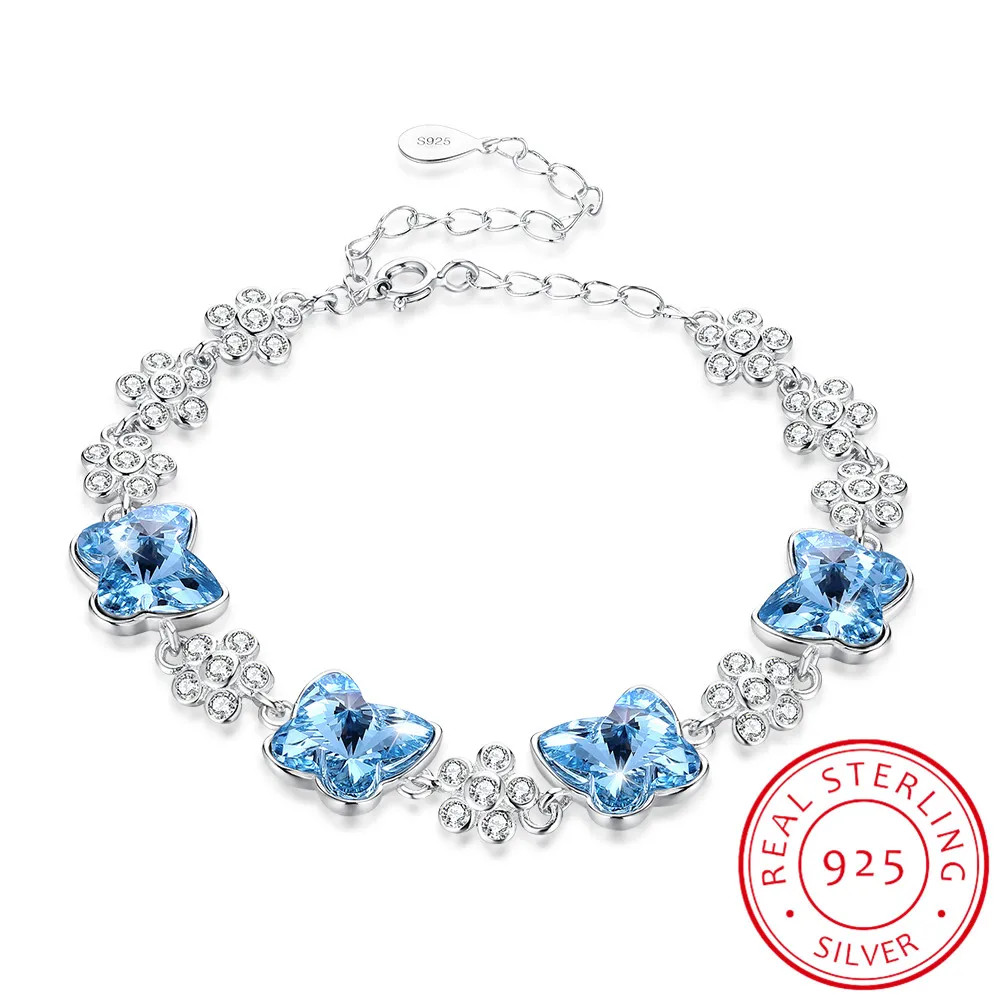 Blue Браслет LEKANI С Оригинальными кристаллами SWAROVSKI и бабочкой, браслеты с бусинами, аксессуары для женщин, 925 серебро, хорошее ювелирное изделие - Цвет камня: Blue