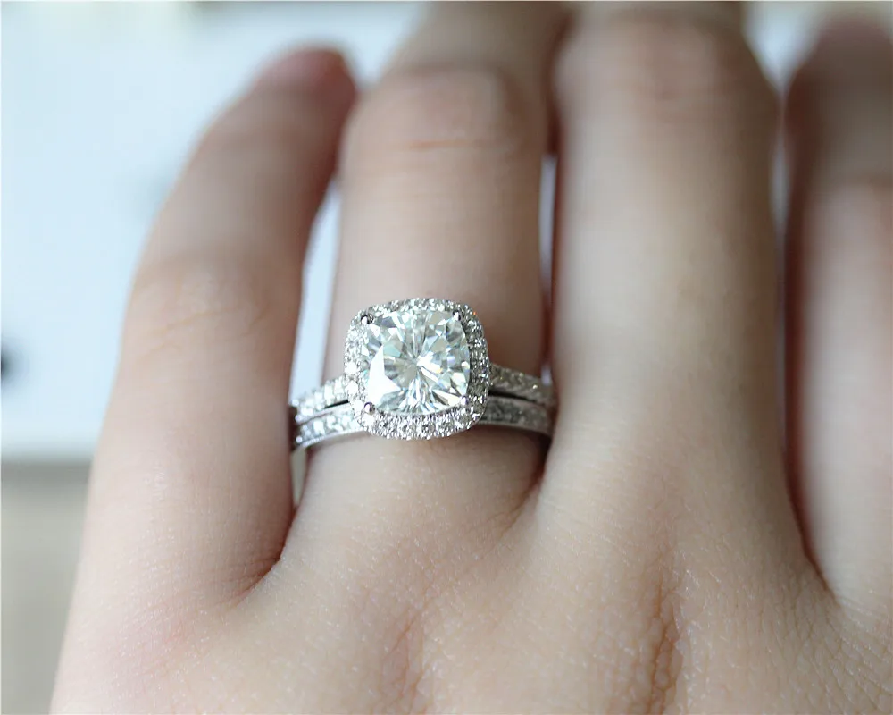 

DUPUY 2.0ct Cushion Forever Brilliant Ring Milgrain Bezel Half Eternity Diamonds Wedding Ring 14k White Gold Engagement Ring Set