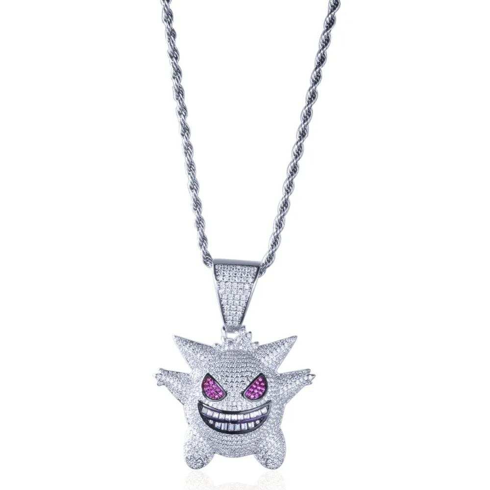 Инкрустированное цирконием золото серебро синий фиолетовый Забавный Gengar ожерелье животное аниме подвеска «эльф» мужские хип-хоп ювелирные изделия