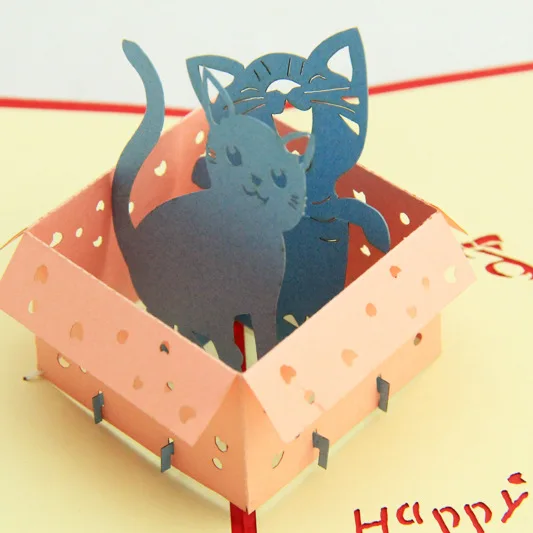 (5P/Lot) Cat in a Box Valentine's Day Cards Handmade creative design craft post card 3D Greeting with envolope 11*15cm |