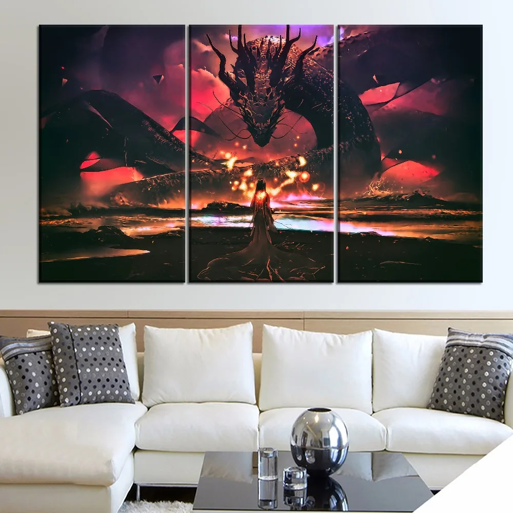 Fantasy Dragon And Girl Painting 5 Piece Style Canvas Print Type Picture Modern Home Decorative Wall Artwork Poster Framework | Дом и сад