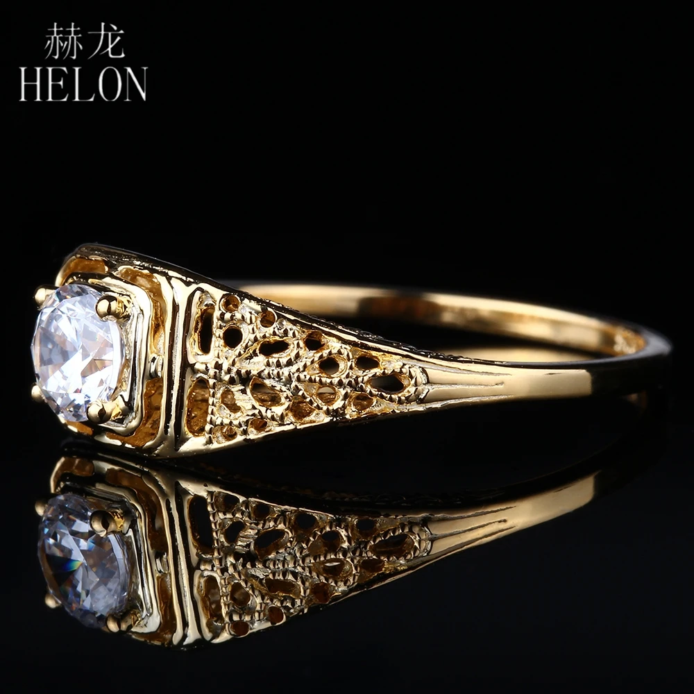 

HELON Antique Vintage Art style Jewelry Solid 10k Yellow Gold 4.5mm Round 0.4ct Moissanite Diamond Engagement Wedding Women Ring