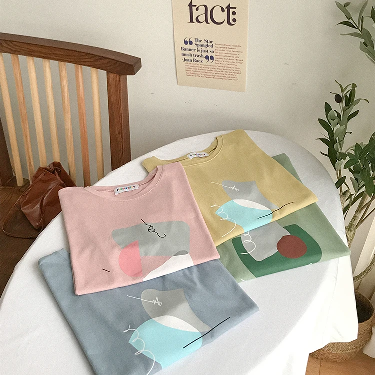 4 цвета лето 2019 корейский стиль Цветные Лоскутные свободные хлопковые футболки с