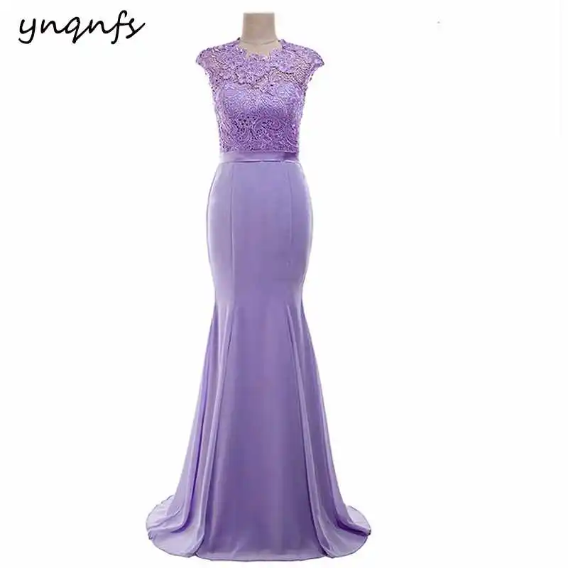YNQNFS M39 элегантные разноцветные шифоновое платье Кепки рукавом Русалка Vestido Формальное кружевное платье подружки невесты - Цвет: Lilac