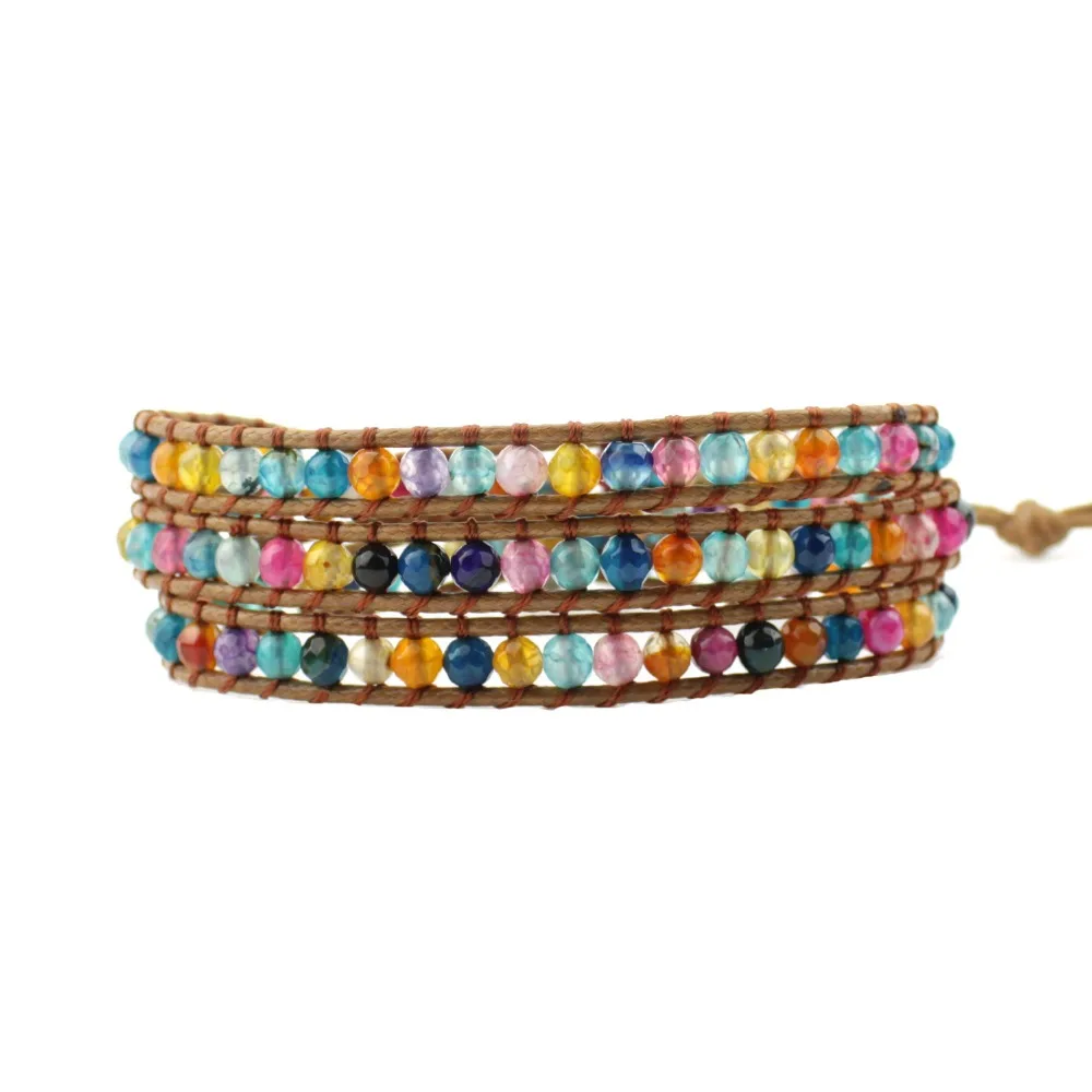 Женский браслет Boho из натурального камня 3X кожаный с обручкой цветной граненый