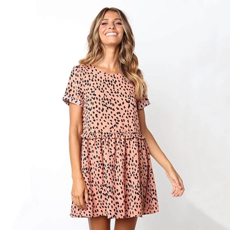 Платье женское леопардовое с коротким рукавом|Женские платья| |