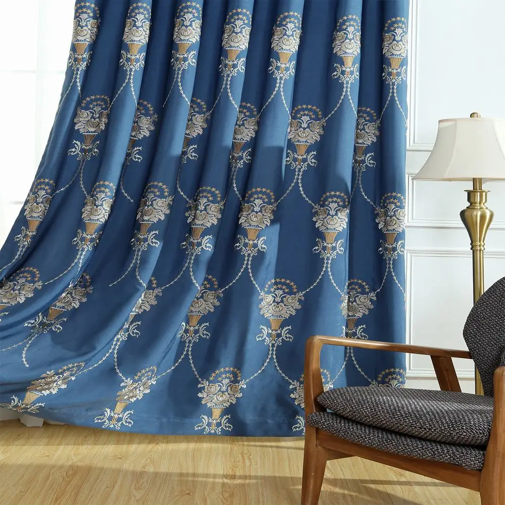 High quality European Window Blackout Curtain for Living Room Bedroom linen embroidered elegant blue 1pcs price free ship | Дом и сад