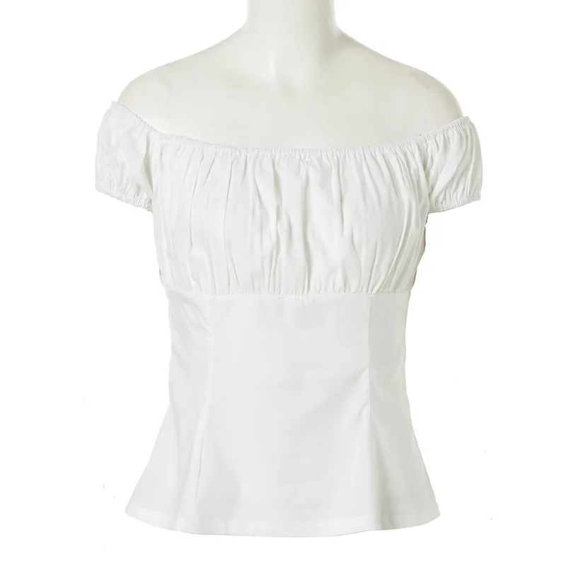 Белая однотонная хлопковая рубашка с открытыми плечами и коротким рукавом