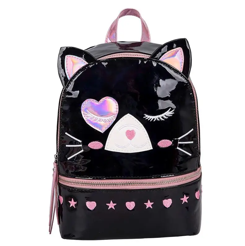 Yogodlns Милая кошка Mochila Mujer лазерный голографический рюкзак женский маленький мини рюкзак для девочек Школьный Рюкзак PU дорожные сумки - Цвет: Black