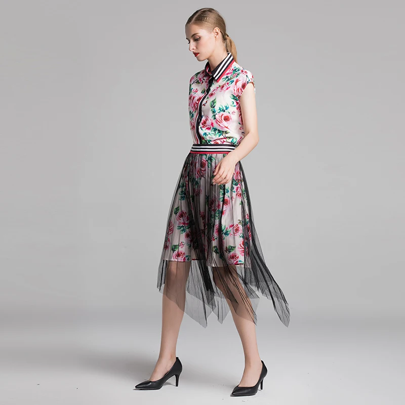 2018 Autumn Pretty Rose Print Women Sets High Quality Sweet Short Sleeve Turn-down Collar Shirts +Mesh Skirts Floral Suits | Женская