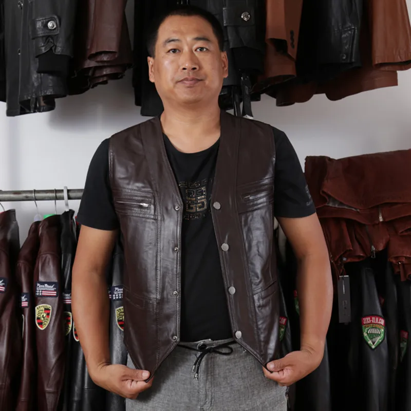 New Men's Waistcoat Genuine Leather Reporters Suit More Than Pocket Quinquagenarian Men Cow Vest Tops Sleeveless Jacket | Мужская