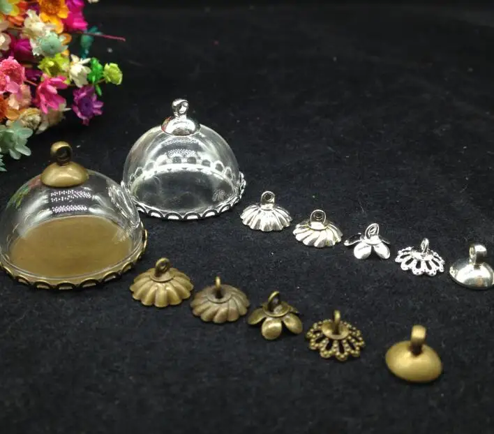 100 ETS/lot25mm прозрачный стеклянный купол античная бронза/серебро кружева база набор