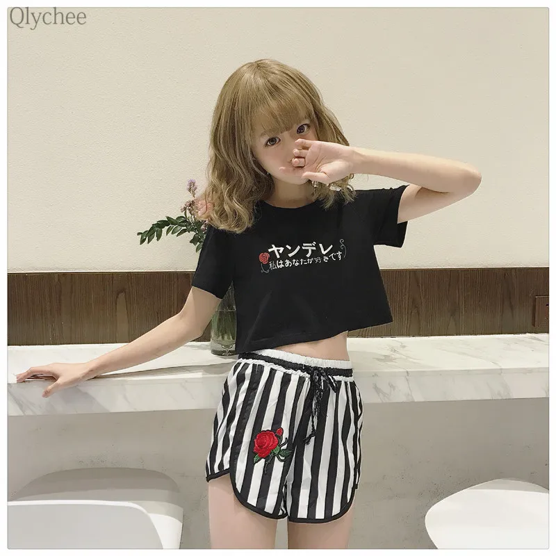 Qlychee японский розовый укороченный Топ женский короткий рукав с круглым вырезом