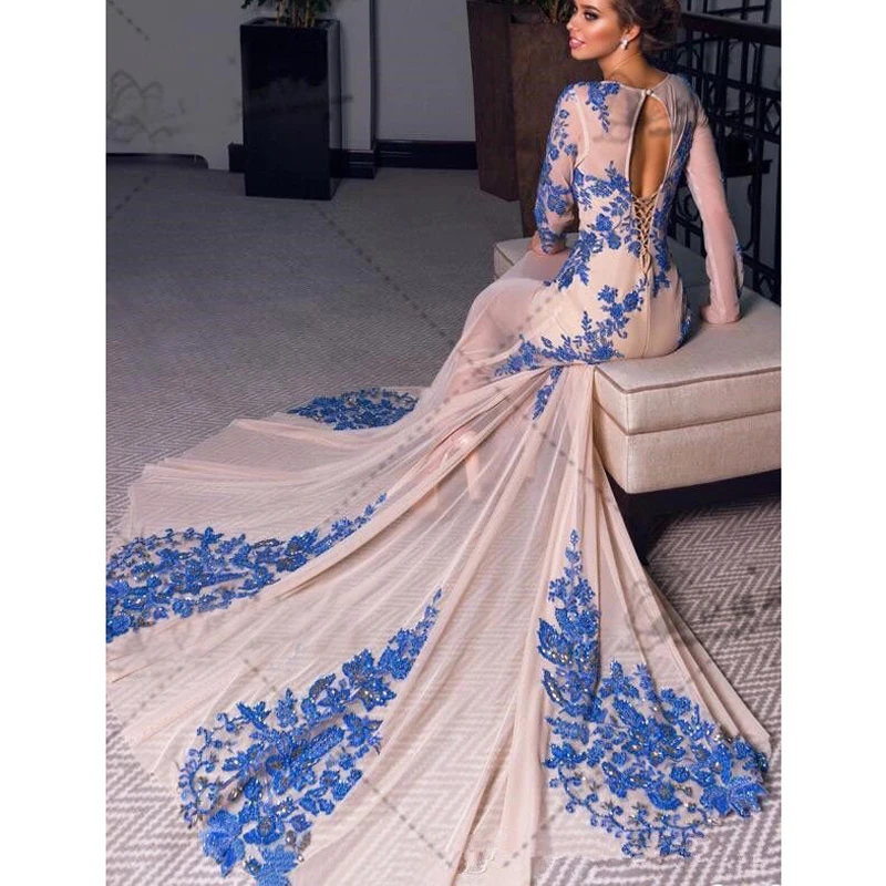 

Modest Blue Appliques Chiffon Long Sleeves Mermaid Back Open Evening Dress Women Custom Made Sheath Formal Maxi Gowns Vestidos