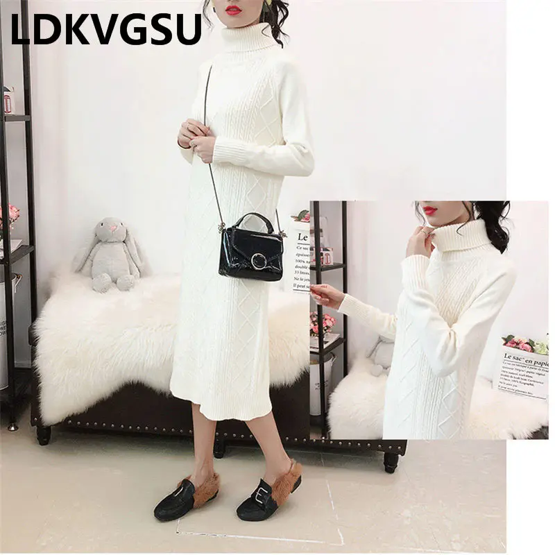 Lazy Wind Long Pullover Sweater Female 2020 New Autumn Winter Solid Color Turtleneck Loose Wild Women Knit Dress Is1376 | Женская одежда