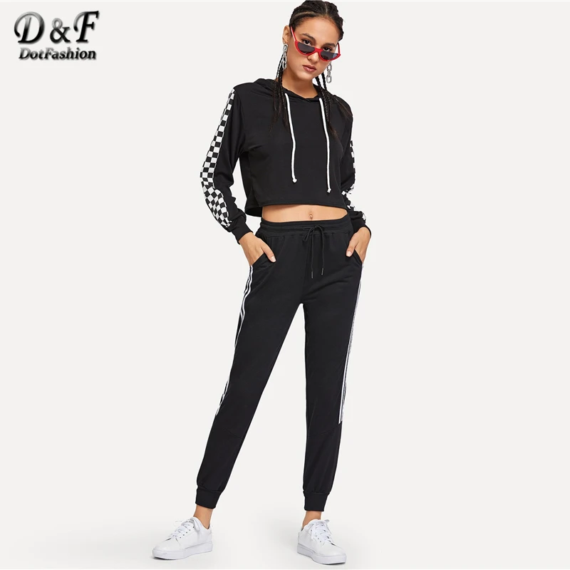 Dotfashion, черные, с боковой полосой, с завязками на талии, с контрастной отделкой, женские брюки,, повседневные, модные, женские, весенние, с карманами