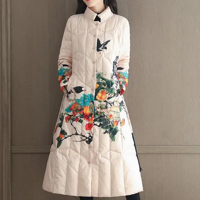 

S-3XL!women winter long cotton jacket loose embroidery printing thickening coat