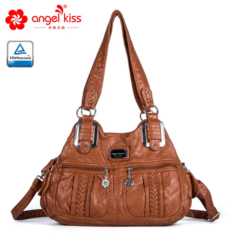 Brown Angelkiss Брендовая женская сумка из искусственной кожи высокого качества, модная женская сумка на плечо, одноцветная сумка с верхней ручкой - Цвет: Brown