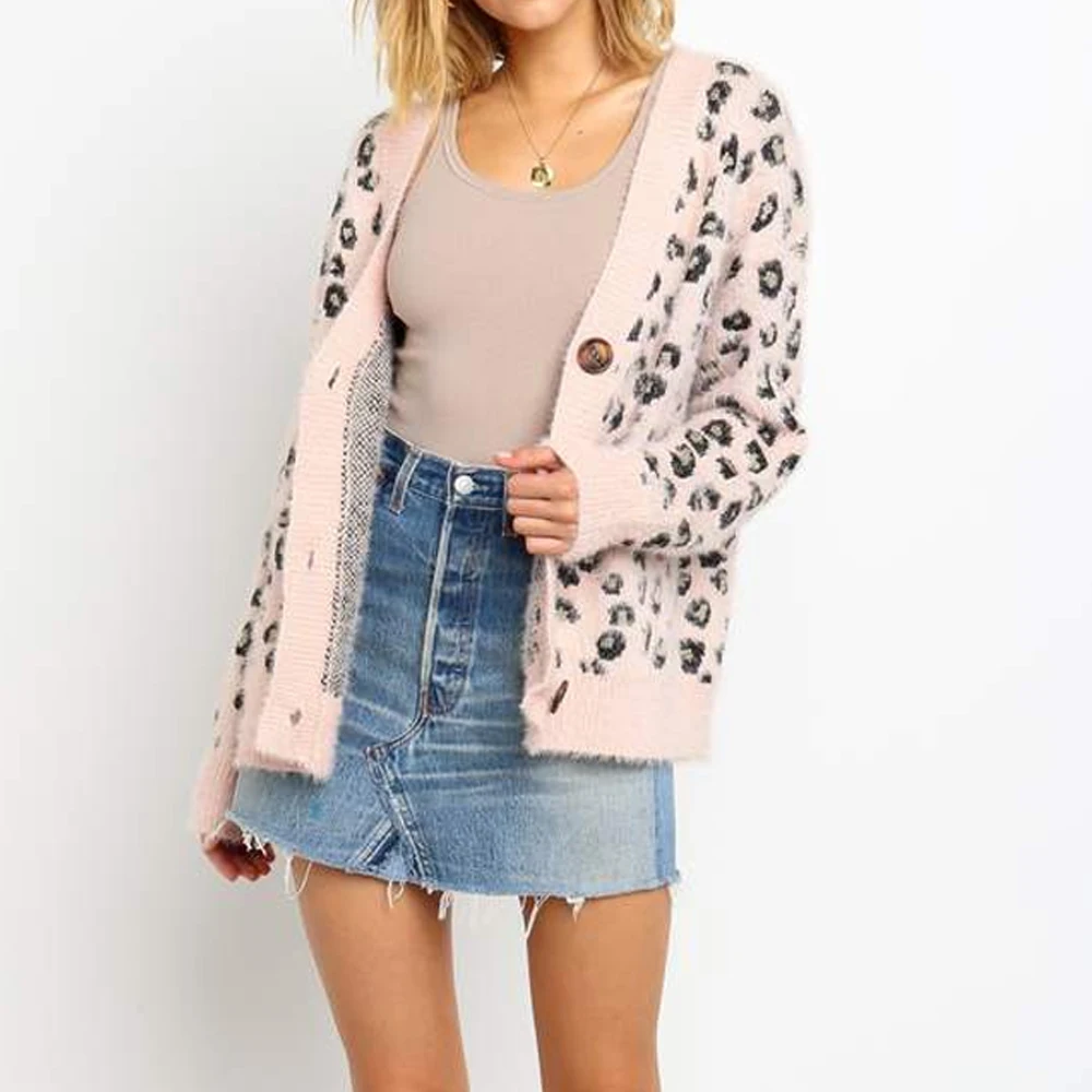 Women's Fashion Pink Leopard V-neck Long Sleeves Wool Cardigans New Loose Slim Fit Button Retro Warm Casual Sweet Sweater Coats |