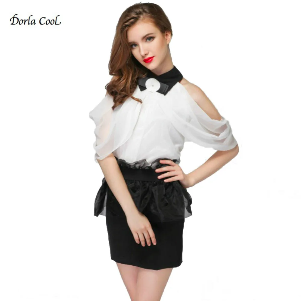 Женская блузка с открытыми плечами Dorla белая кружевная бантом для вечеринок