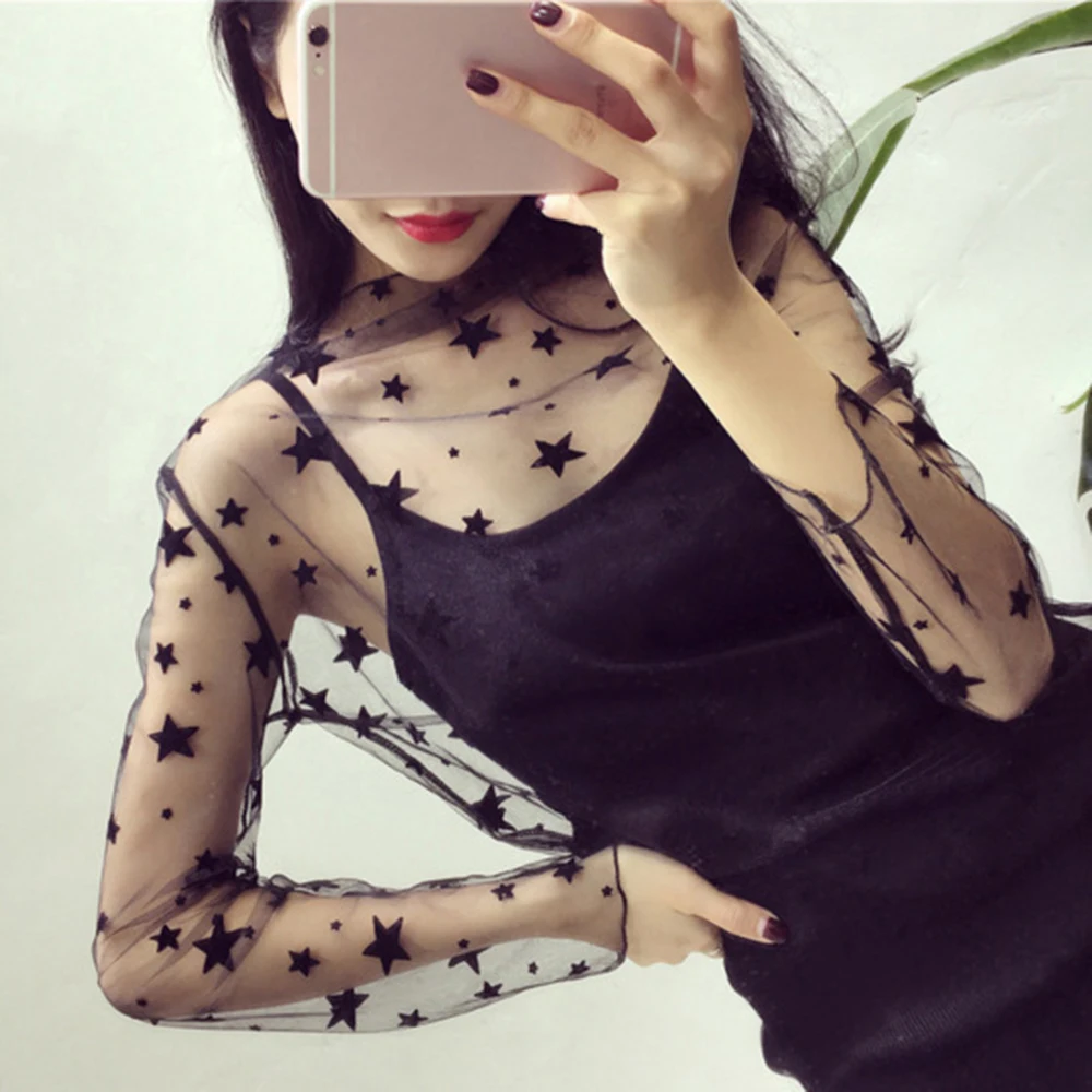 Женская пикантная рубашка с длинным рукавом Черная кружевная Свободная лето 2019| |