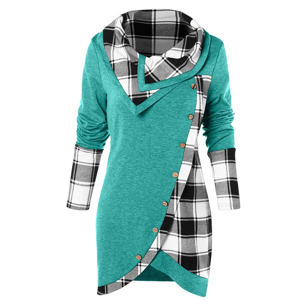 

Women Tunic T Shirts Plaid Tartan Panel Long Sleeves Plaid Turtleneck Asymmetrical Hem Turn Down Neck Casual Tops LXH