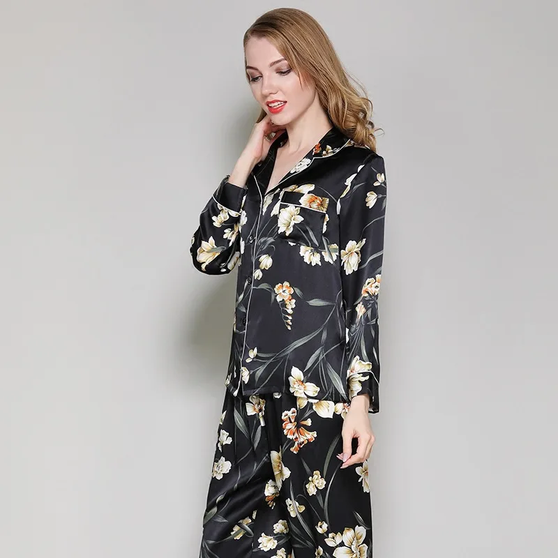 100% genuine silk Fashion flowers pajama sets womens sleepwear sexy black noble autumn pyjamas women skimpy pijamas mulheres