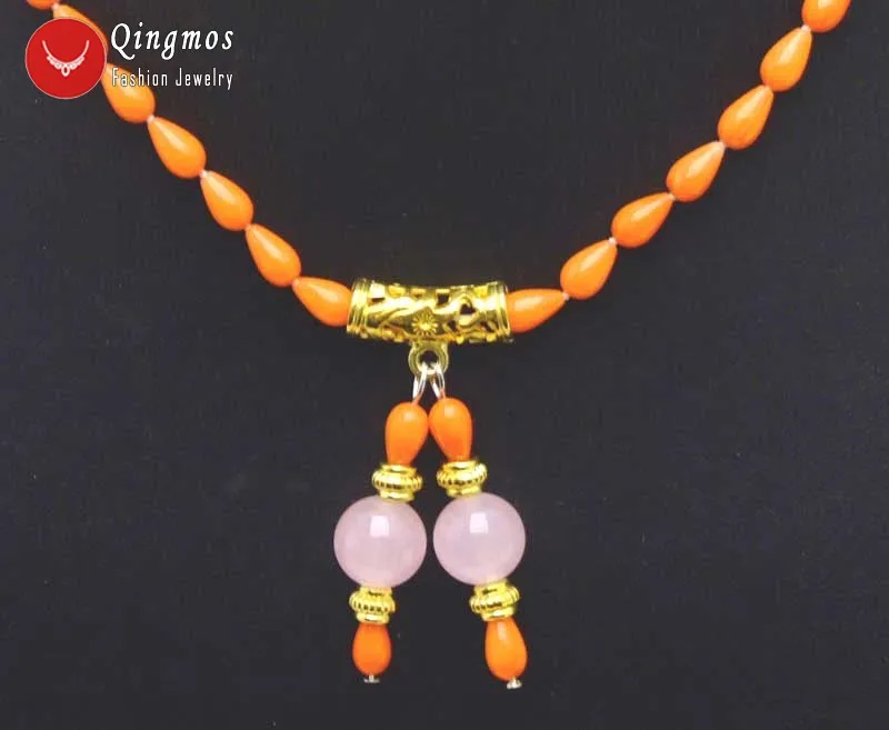Qingmos Trendy Orange Coral Chokers Necklace for Women with 5*9mm Drop Natural and Jades 17&quot Pendant &amp Necklace-nec5865 | Украшения