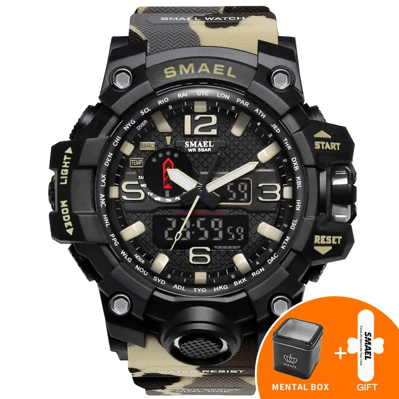 Camo Kahqi with Box Военные часы, цифровые, SMAEL, Брендовые Часы, S Shock, мужские наручные часы, спортивные, светодиодный, для дайвинга, 1545B, 50 м, водонепроницаемые, для фитнеса, спортивные часы - Цвет: Camo Kahqi with Box