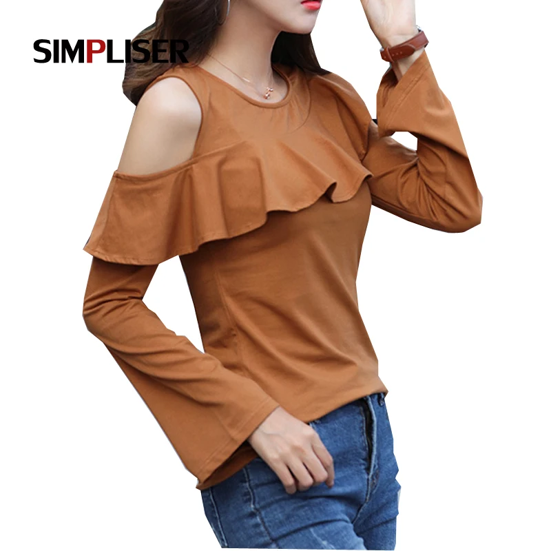 SIMPLISER Ruffled T Shirts Women Long Sleeve Asymmetrical Tee Female Irregular Tops Ladies Elegant 2018 Summer clothing white | Женская