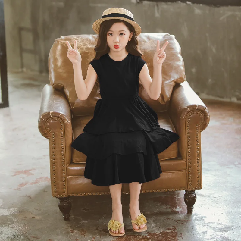 Black 3 Layer Cake Dress for Girls Summer Elegant Princess Teens Girl Party Frock Kids Cotton Maxi Long Children Evening Dresses | Детская