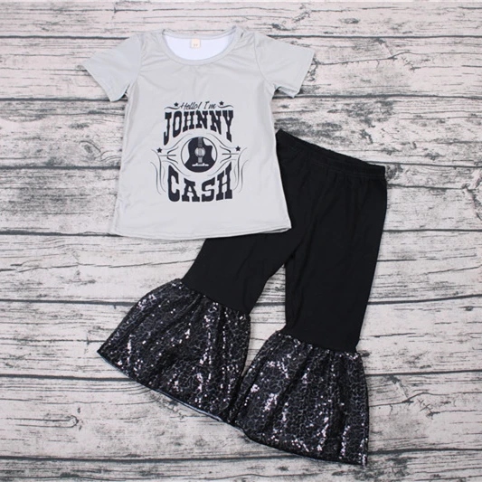 

2019 summer girl 2pcs shirt+pants set with paillette decoration
