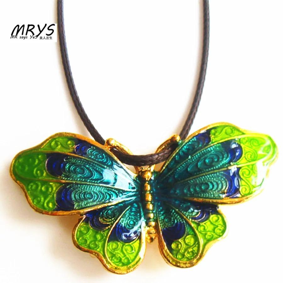 Женское этническое колье чокер с эмалью зеленого синего цвета бабочками