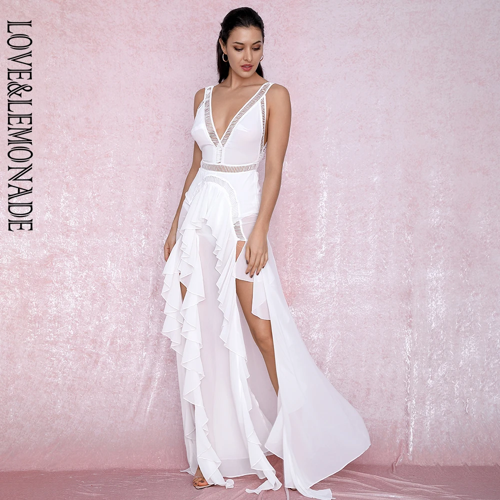 LOVE & LEMONADE сексуальное Белое Шифоновое Платье макси с глубоким v образным вырезом