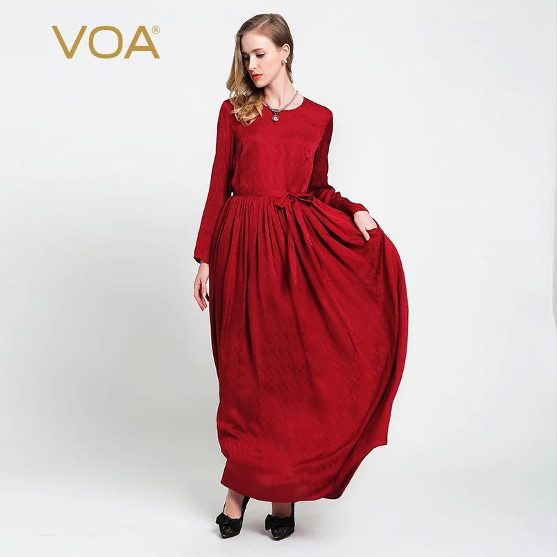 VOA китайское красное шелковое Макси-платье с длинным рукавом Женские вечерние ночные летние платья размера плюс свободная одежда vestidos A6057