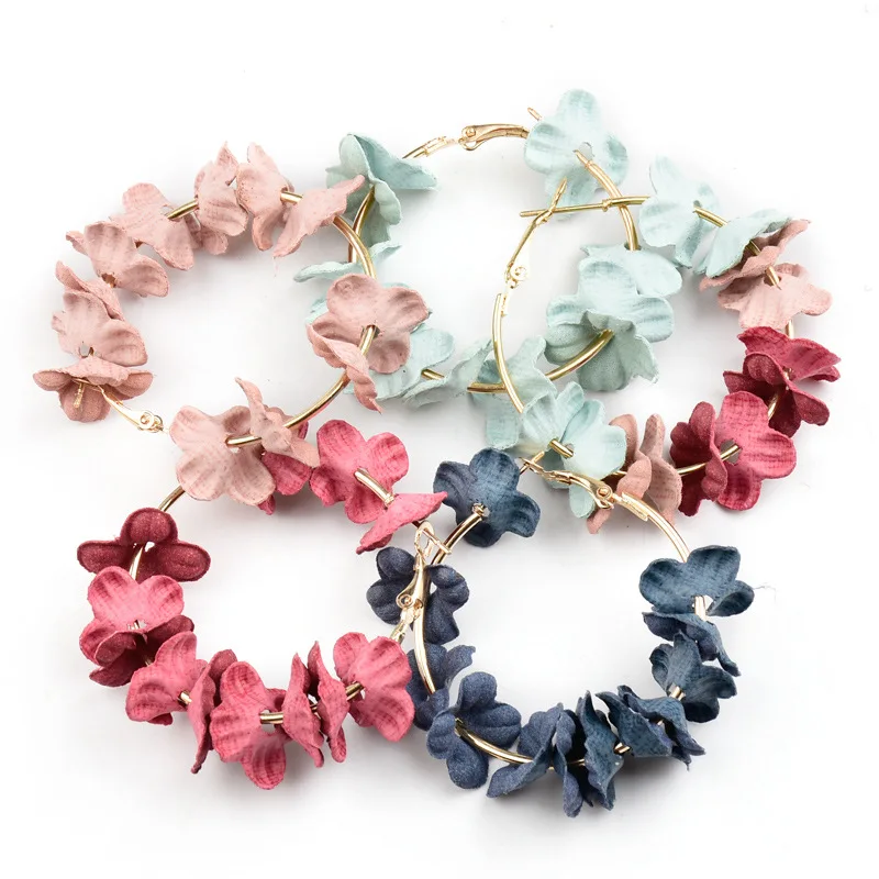 Женские корейские красочные лепесток из ткани с цветком золотые серьги кольца