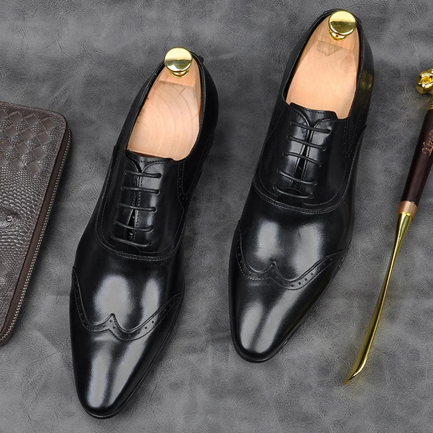 

New British Genuine Leather Formal Dress Party Wingtip Brogues Shoes Pointed Toe Men's Medallion Wedding Oxfords For Bride AM168