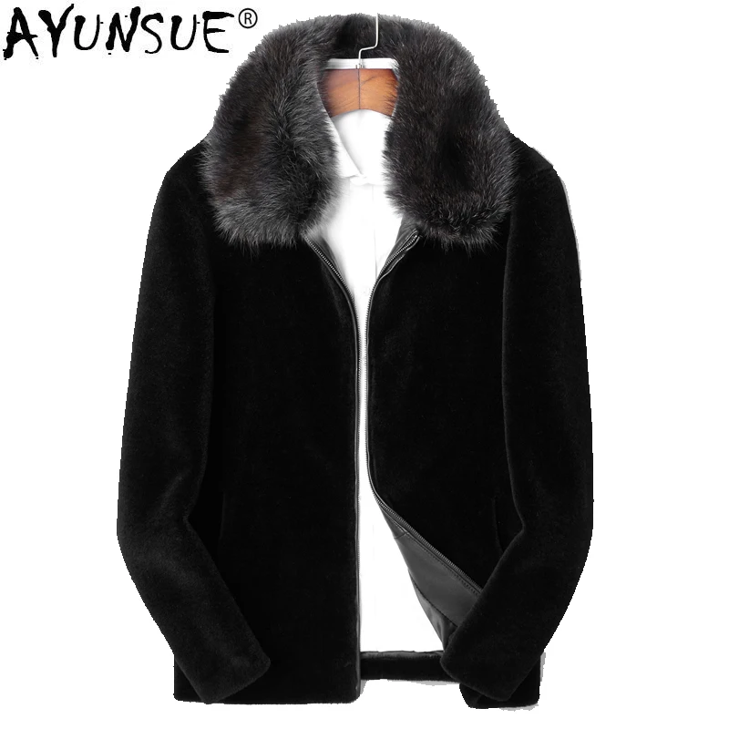 

AYUNSUE 100% шерстяное пальто, зимняя мужская куртка из натуральной овечьей шерсти, короткая куртка с воротником из меха енота LSY088305 MY1385