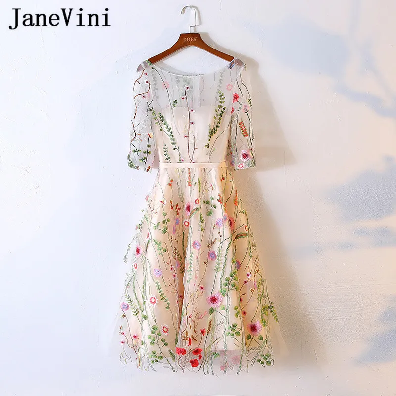 

JaneVini 2018 Illusion Champagne Short Prom Dresses Half Sleeve Embroidery Tea Length Bridesmaid Dresses Girl Party Formal Gowns