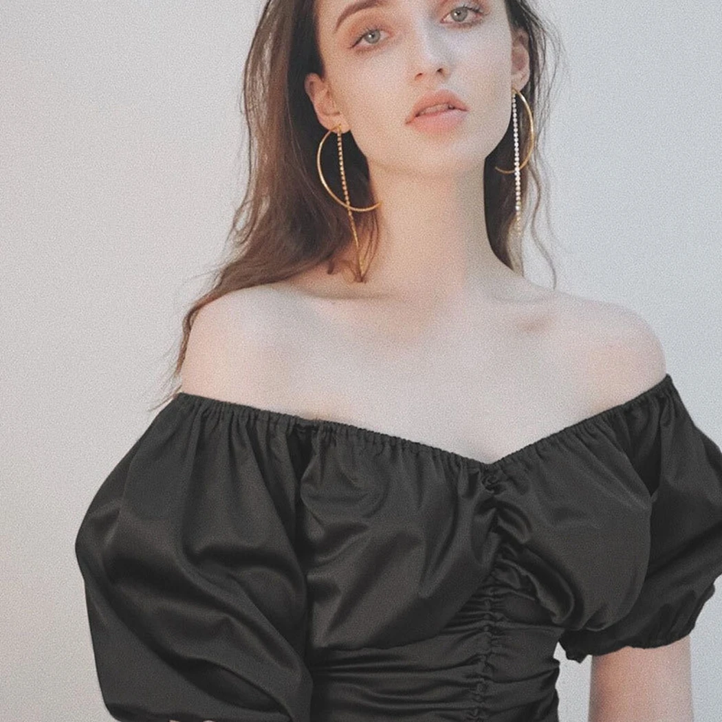 Sexy Retro Black Drawstring Crop Top Women V-Neck Off Shoulder Short Sleeve Blouses Ladies Vintage Slash Neck Bandage Shirt Tops |
