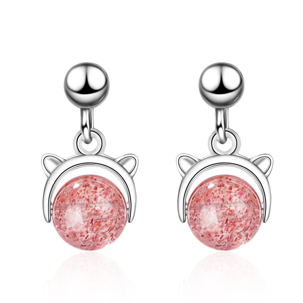 

Fashion Pink Crystal Cute Cat Animal 925 Sterling Silver Ladies Tassel Stud Earrings For Women Original Jewelry Anti Allergy