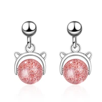 fashion pink crystal cute cat animal 925 sterling silver ladies tassel stud earrings for women original jewelry anti allergy