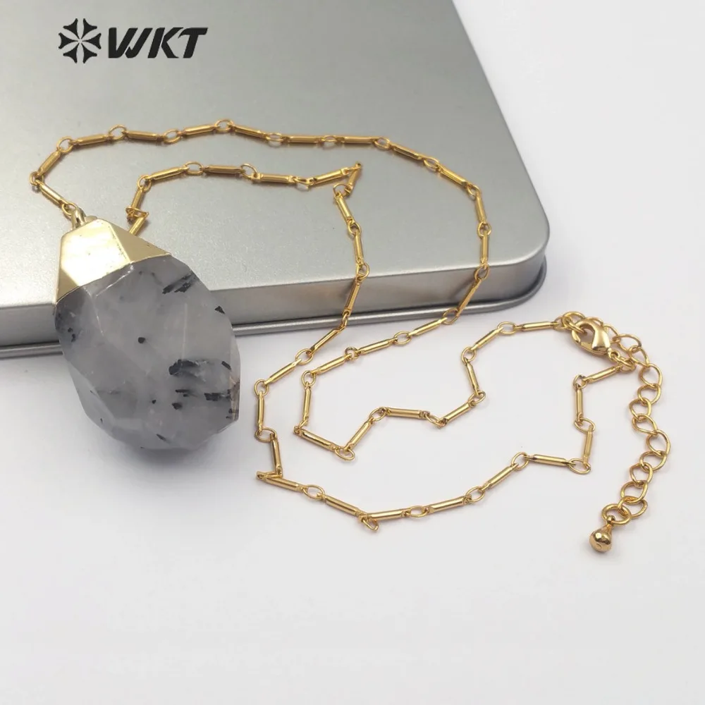 

WT-N1147, черное рутилированное кварцевое ожерелье, граненый необработанный кристалл с золотом, покрытый кварц для лечения, ювелирные изделия для женщин, модное ожерелье