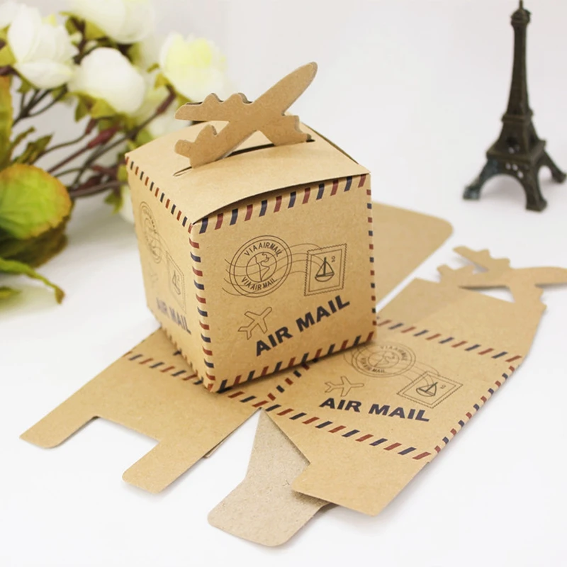 20pcs/lot Wedding Favors &quotAir Mail&quot Plane Aircraft Airplane Kraft Candy Box Gift Boxes for traveling theme wedding decoration | Дом и