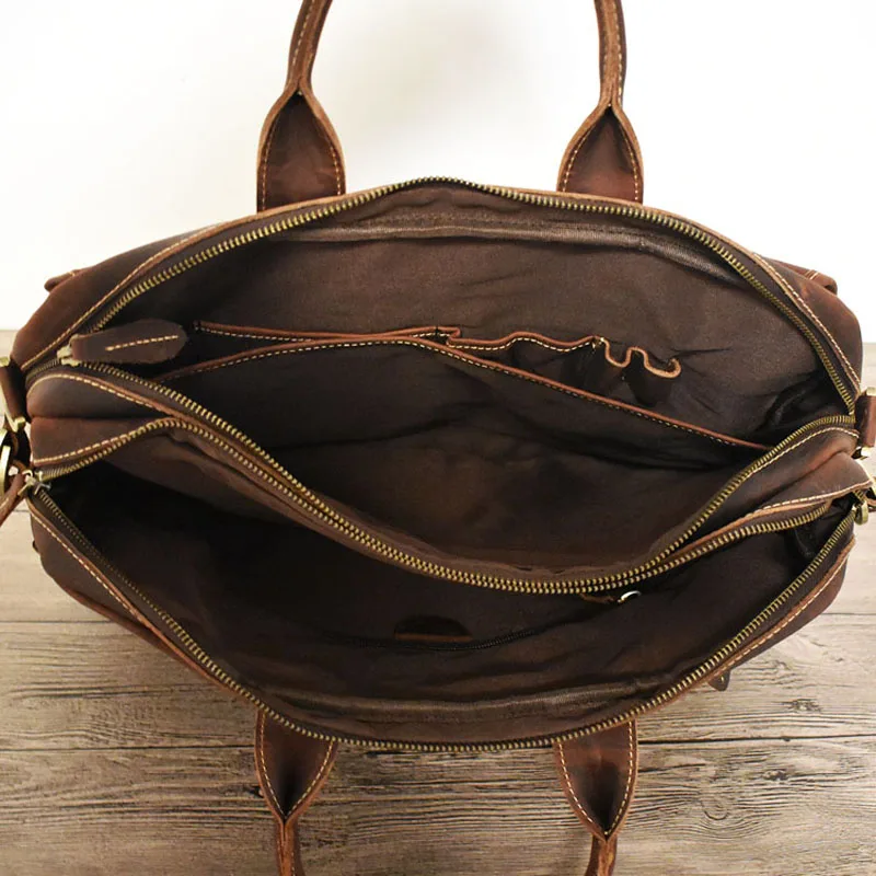 Винтажный коричневый плотный прочный мужской портфель из натуральной кожи Crazy