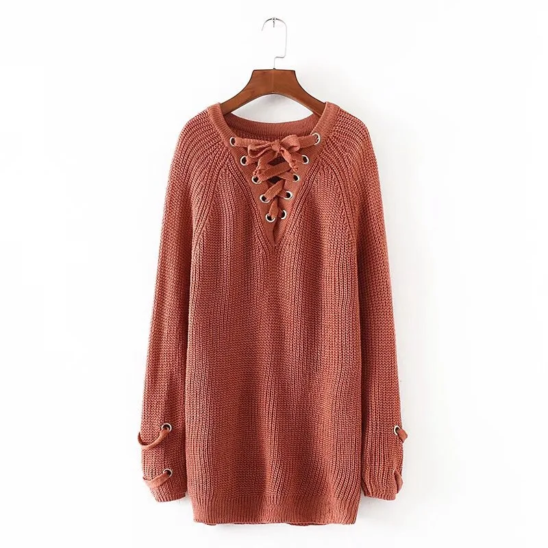 V Neck Korean Style Women Sweater Lace Up Knitted Pullover Long Sleeve Loose Winter Jumper | Женская одежда