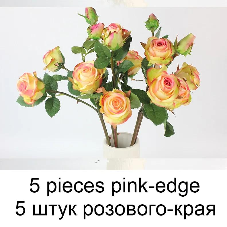 Дополнительная скидка 10%/3 партии) 7/5 штук(3-головый) милые маленькие украшения на День Святого Валентина/дом/свадьбу искусственная латексная реальная на ощупь роза цветок - Цвет: 5 pink edge